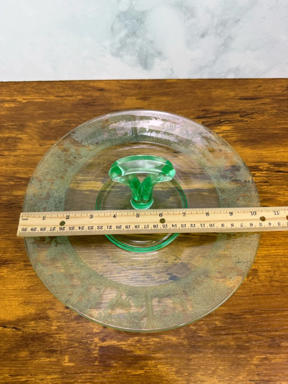 Vintage Tiffin Deerwood Uranium Glass Center Handle Tidbit Tray Etched Deer